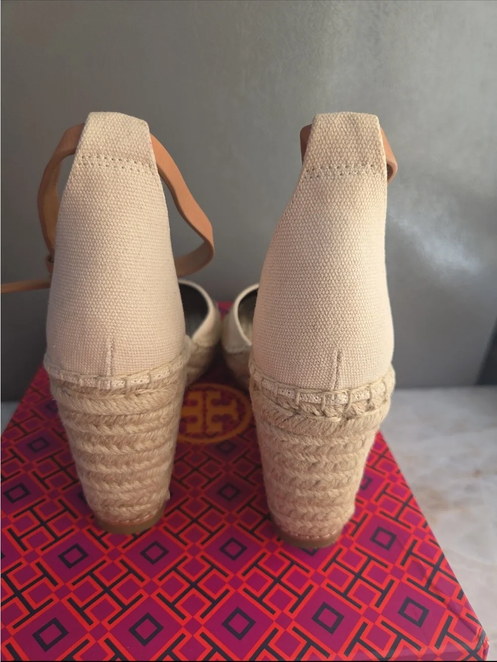 Tory Burch Beige Canvas Espadrille Wedges like new View all pics